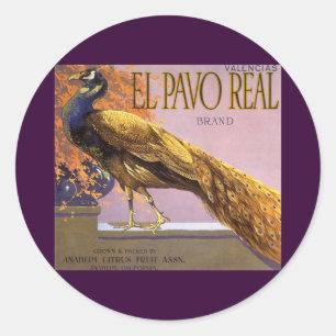 Kunst van vintage fruitkratlabel El Pavo Pauw Voge Ronde Sticker