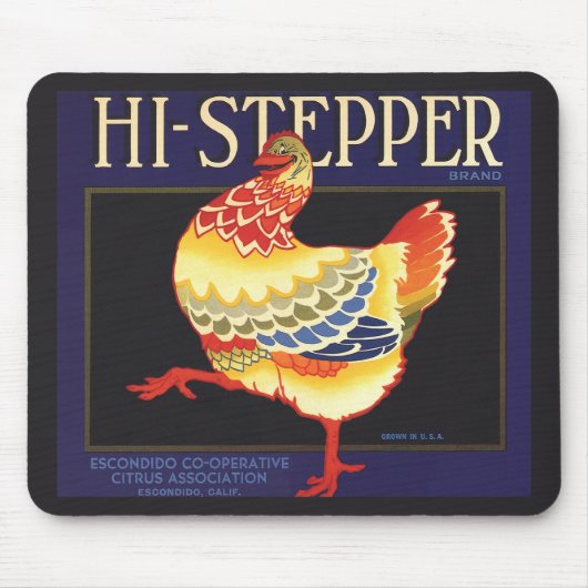 Kunst van vintage fruitkratlabel, Hi Stepper Kip Muismat (Voorkant)