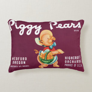 Kunst van vintage fruitkratlabel met biggetje pere accent kussen