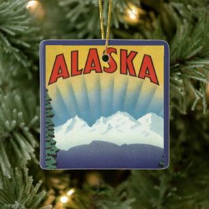 Kunst van vintage reisposter uit Alaska, landschap Keramisch Ornament