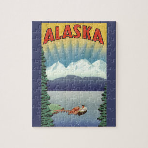 Kunst van vintage reisposter uit Alaska, landschap Legpuzzel