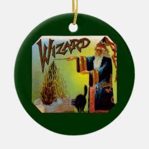 Kunst van vintage sigarettenlabel, tovenaar met zw keramisch ornament