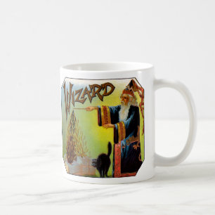 Kunst van vintage sigarettenlabel, tovenaar met zw koffiemok