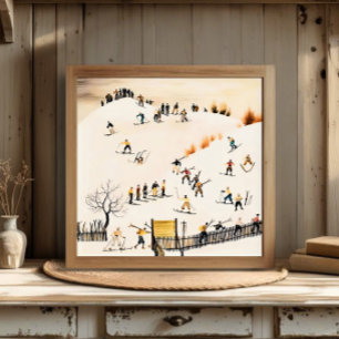 Kunst van vintage skiërs, winterlandschapschilderi poster