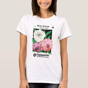 Kunst van vintage zaadpaketlabels, Camellia-bloeme T-shirt