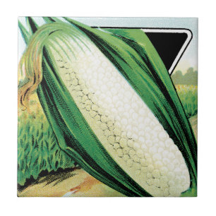 Kunst van vintage zaadpaketlabels, zoete witte maï tegeltje