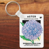 Kunst van vintage zaadpakket, paarse Aster bloemen Sleutelhanger (Voorkant)