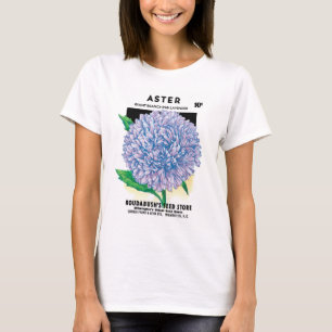 Kunst van vintage zaadpakket, paarse Aster bloemen T-shirt