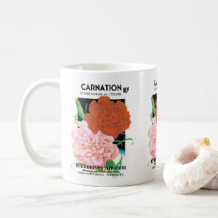Kunst van vintage zaadpakketlabels, anjers bloemen koffiemok