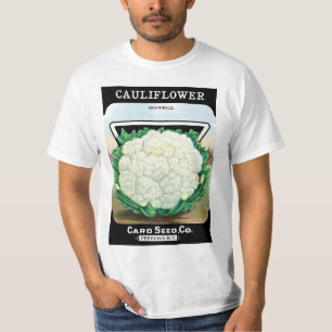 Kunst van vintage zaadpakketlabels, bloemkoolgroen t-shirt