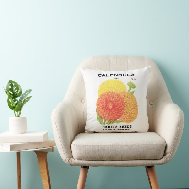 Kunst van vintage zaadpakketlabels, Calendula bloe Kussen (Stoel)