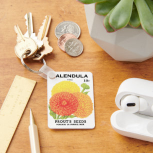 Kunst van vintage zaadpakketlabels, Calendula-bloe Sleutelhanger