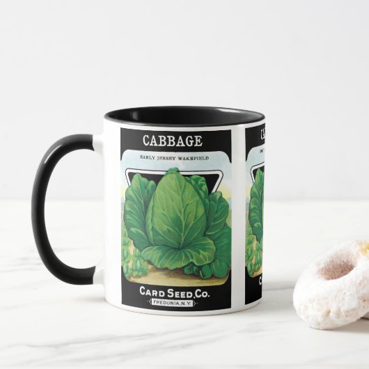 Kunst van vintage zaadpakketlabels, groene kool mok (Met donut)