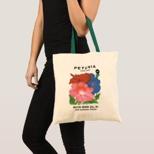 Kunst van vintage zaadpakketlabels, Petunia Bloeme Tote Bag