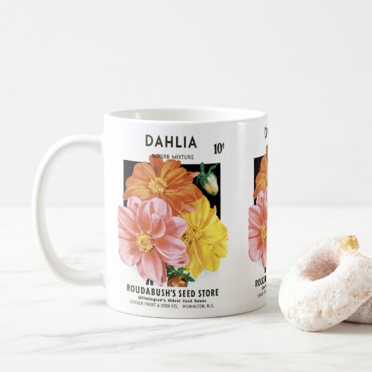 Kunst van vintage zaadpakketten, Dahlia-tuinbloeme Koffiemok (Met donut)