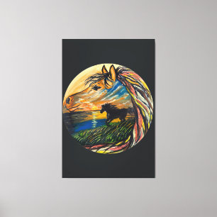 Kunst van Wild Horse Sunset - Handgemaakte kunstwe Canvas Afdruk