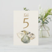 Kunst van zeeschelpen strand bruiloft tafel nummer kaart (Staand voorkant)