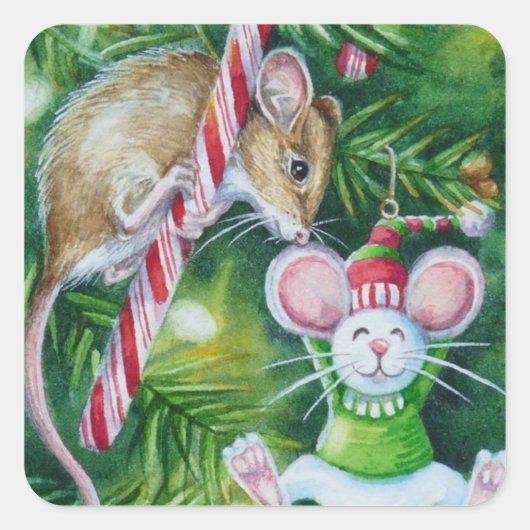 Kunst voor de Waterverf van sierbomen en kerstbome Vierkante Sticker (Voorkant)