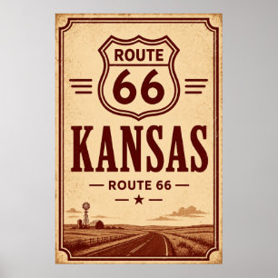 Kunst voor een vintage Route 66 Kansas Prairie Roa Poster