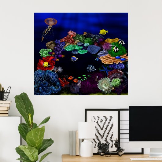 Kunst voor kleurrijk koraal en visrif poster (Thuiskantoor)