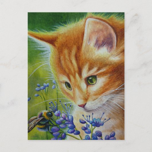 Kunst voor Oranje Waterverf in Kitten en Bumblebee Briefkaart (Voorkant)