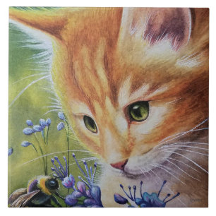 Kunst voor Oranje Waterverf in Kitten en Bumblebee Tegeltje