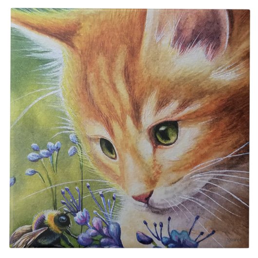 Kunst voor Oranje Waterverf in Kitten en Bumblebee Tegeltje (Voorkant)