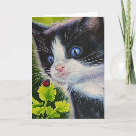 Kunst voor Tuxedo Kitten en Ladybug-Waterverf Kaart (Voorkant)