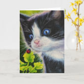 Kunst voor Tuxedo Kitten en Ladybug-Waterverf Kaart (Gele Bloem)