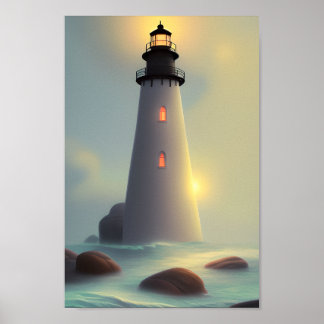 Kunst voor vuurtoren op zee poster