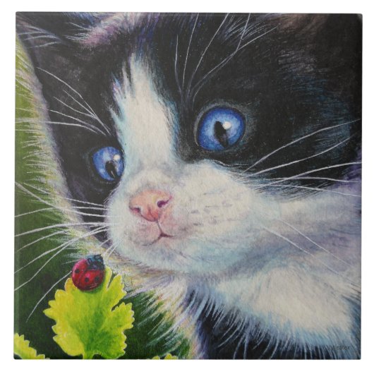 Kunst voor Waterverf van Tuxedo Kitten en Ladybug Tegeltje (Voorkant)