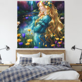 *~ Kunst Vrouw Waterval Vijver Wilde Bloemen AP56 Canvas Afdruk (Insitu (Slaapkamer))