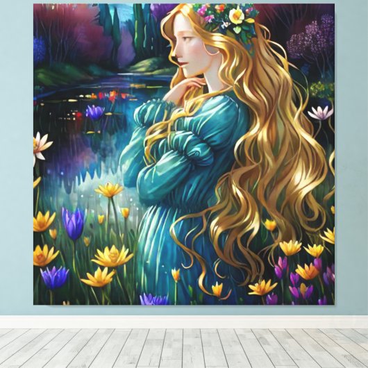 *~ Kunst Vrouw Waterval Vijver Wilde Bloemen AP56 Canvas Afdruk (Insitu (Houten vloer))