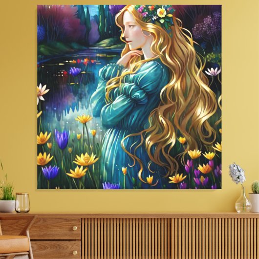 *~ Kunst Vrouw Waterval Vijver Wilde Bloemen AP56 Canvas Afdruk (Insitu (Woonkamer))