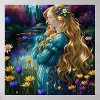 *~ Kunst Vrouw Waterval Vijver Wilde Bloemen AP56