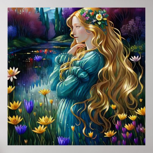 *~ Kunst Vrouw Waterval Vijver Wilde Bloemen AP56 Poster (Voorkant)
