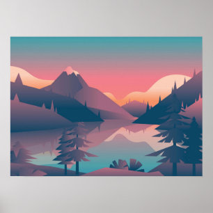 Kunst - Zonnebakken met bergen en bomen - Poster
