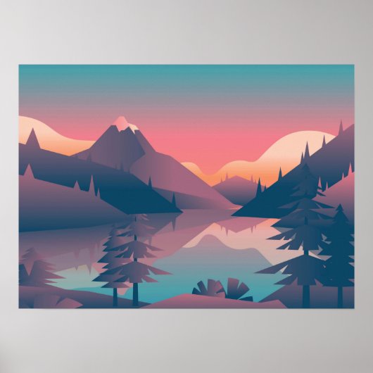 Kunst - Zonnebakken met bergen en bomen - Poster (Voorkant)