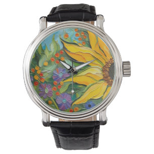 Kunst Zonnebloem- Van Gogh-esque Horloge
