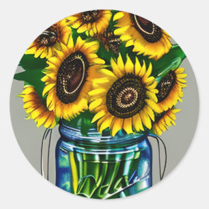 Kunst Zonnebloemen in glazen pot Art Ronde Sticker