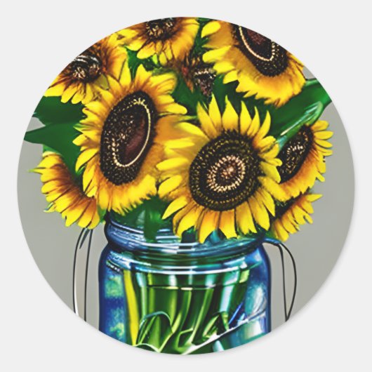 Kunst Zonnebloemen in glazen pot Art Ronde Sticker (Voorkant)
