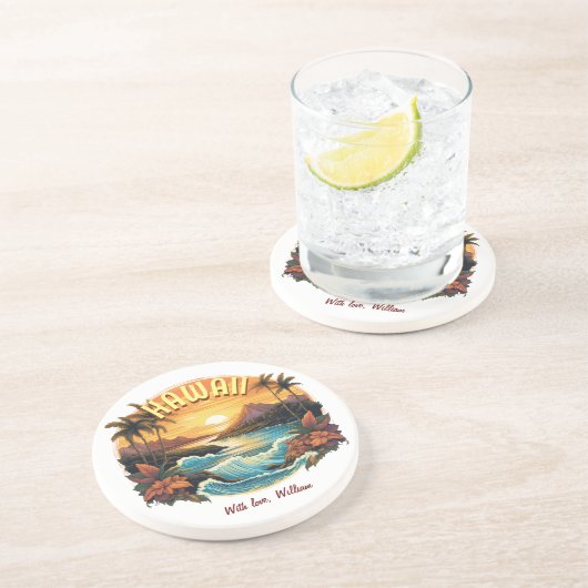  kunst zonsondergang bij Hawaii Beach Mountains Zandsteen Onderzetter (Zijkant)