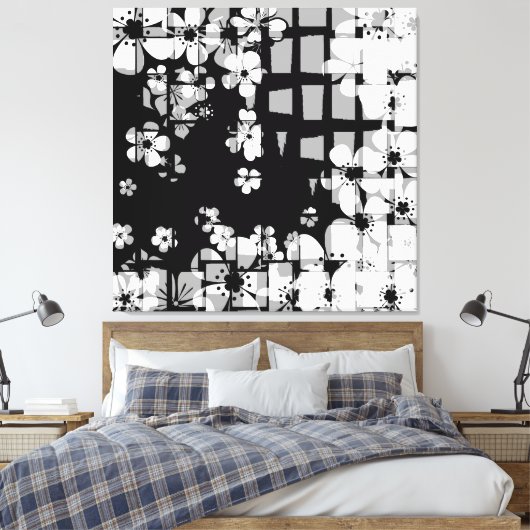 Kunst zwart-wit bloemenpatroon canvas afdruk (Insitu (Slaapkamer))
