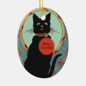 kunst Zwarte kat Meowy Kerstmis Keramisch Ornament (Achterkant)