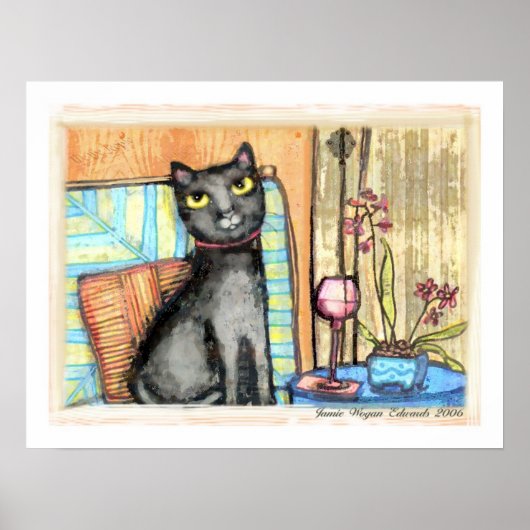 Kunstafdrukken met zwarte kat, wijn en bloemen poster (Voorkant)