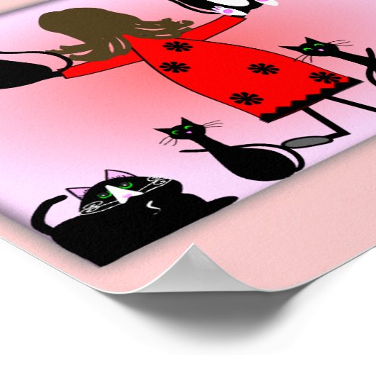 Kunstafdrukken van de "Kat Lady", zwart kattendesi Poster (Hoek)