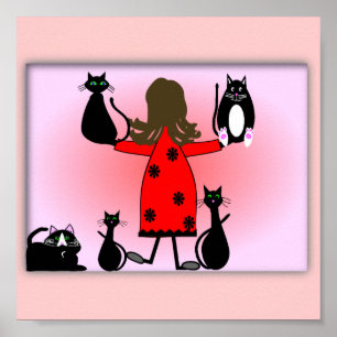 Kunstafdrukken van de "Kat Lady", zwart kattendesi Poster