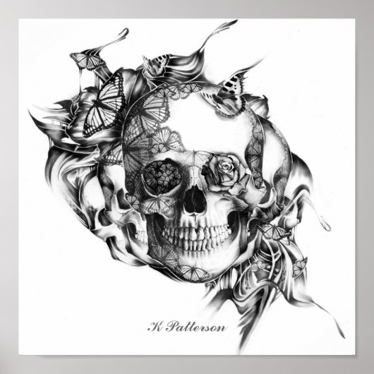 Kunstafdrukken voor schedel en vlinders poster (Voorkant)
