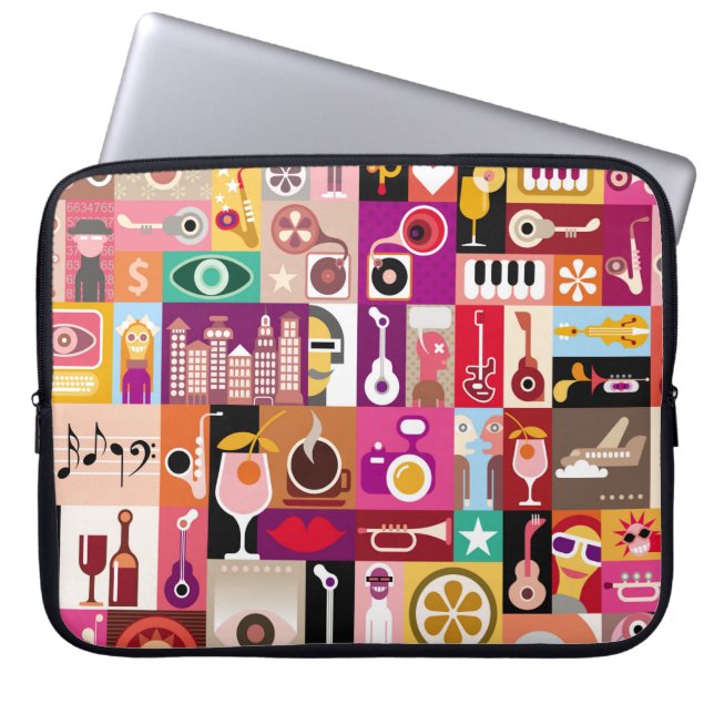 Kunstcollage, muzikale  illustratie. Patchwo Laptop Sleeve (Voorkant)