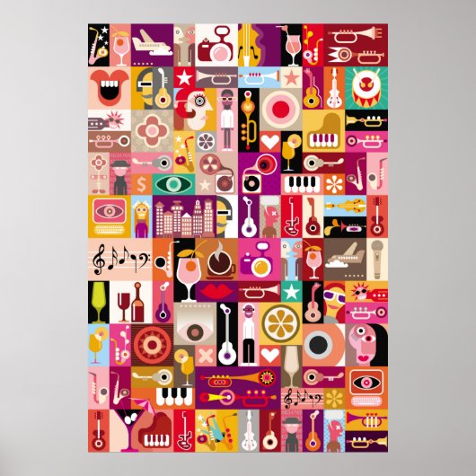 Kunstcollage, muzikale  illustratie. Patchwo Poster (Voorkant)